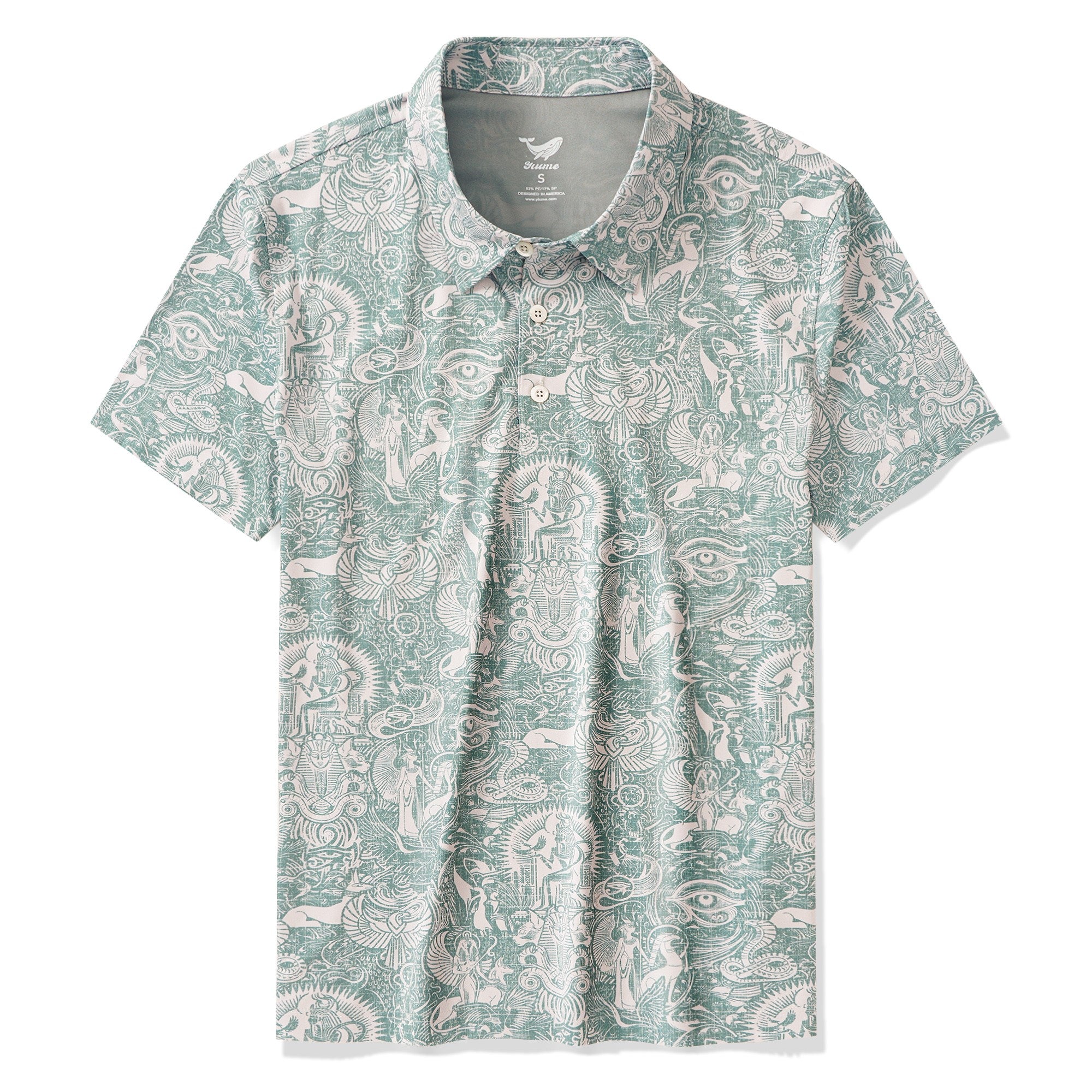 メンズハワイアンポロシャツ半袖83％リサイクルポリエステル17％スパンデックスグリーンアロハエジプト神話