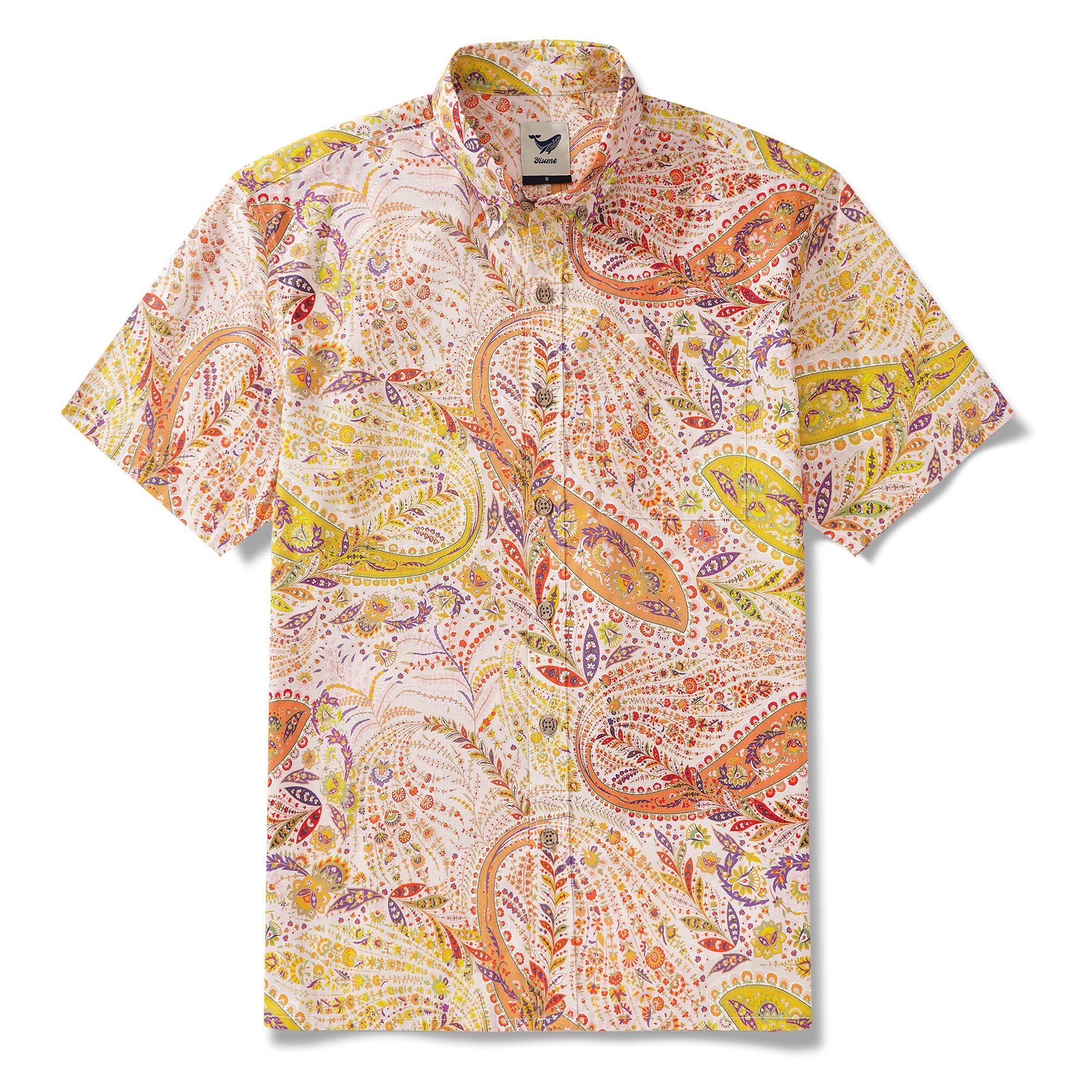 Men's Hawaiian Shirt Short Sleeve Button-down 100% Cotton Yellow Aloha Paisley Paradise