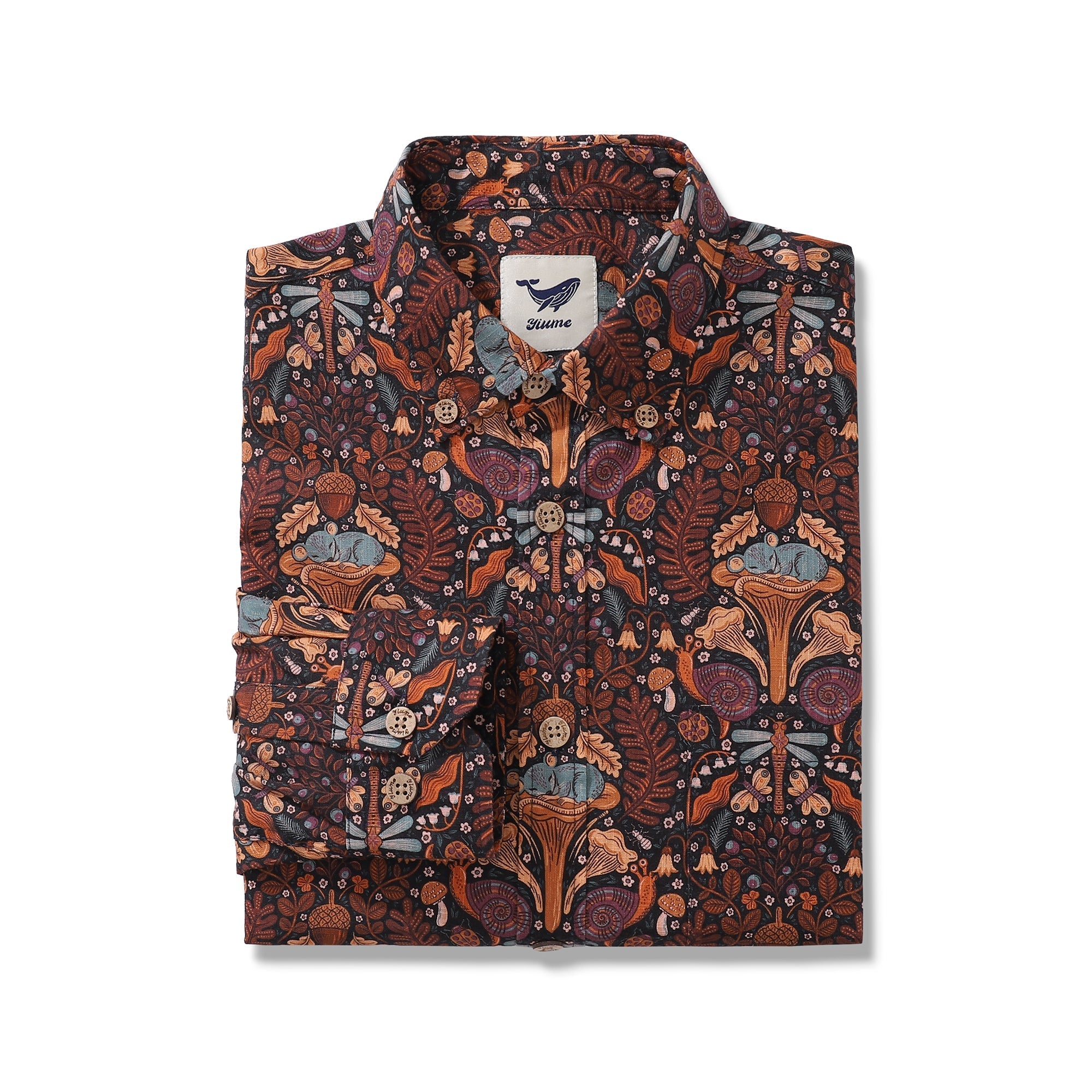 Chemise hawaïenne à manches longues pour homme Chanterelle Forest Naptime par Rebecca Elfast Chemise Aloha en coton à boutons