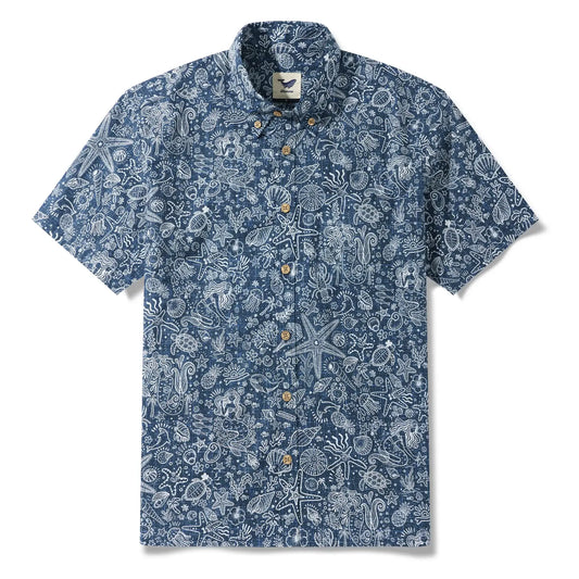 Men's Hawaiian Shirt Coastal Doodle Navy Blue