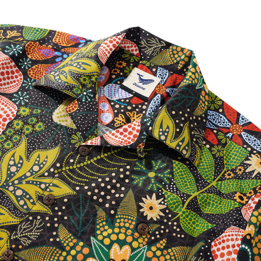 Men's Hawaiian Shirt Short Sleeve Camp Collar 100% Cotton Green Aloha Backyard Oasis