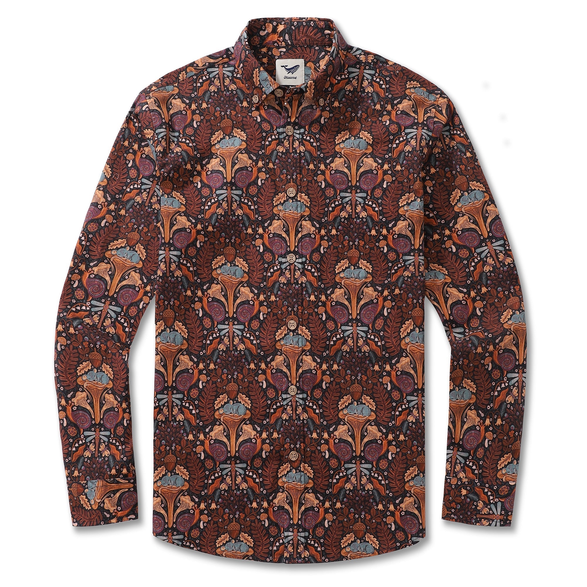 Chemise hawaïenne à manches longues pour homme Chanterelle Forest Naptime par Rebecca Elfast Chemise Aloha en coton à boutons