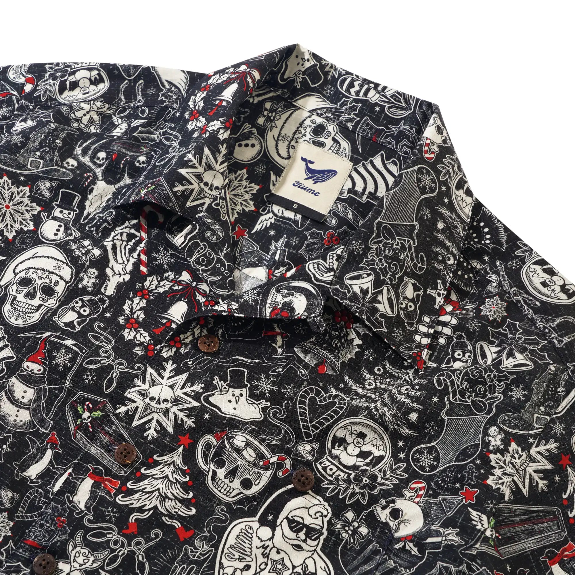 Men's Hawaiian Shirt Short Sleeve Camp Collar 100% Cotton Black Aloha Christmas Party