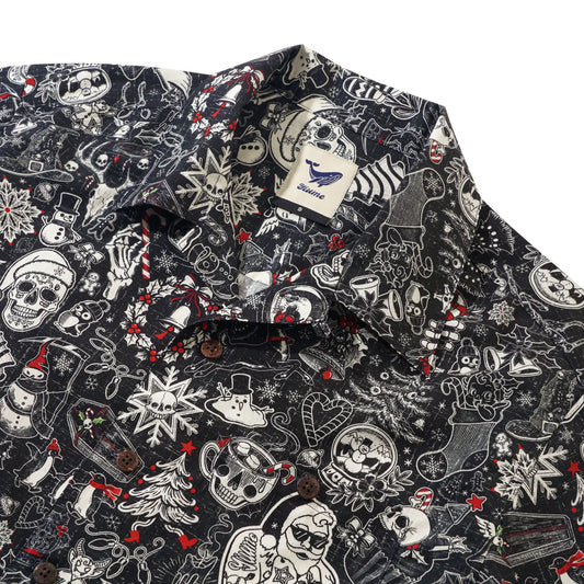 Men's Hawaiian Shirt Short Sleeve Camp Collar 100% Cotton Black Aloha Christmas Party