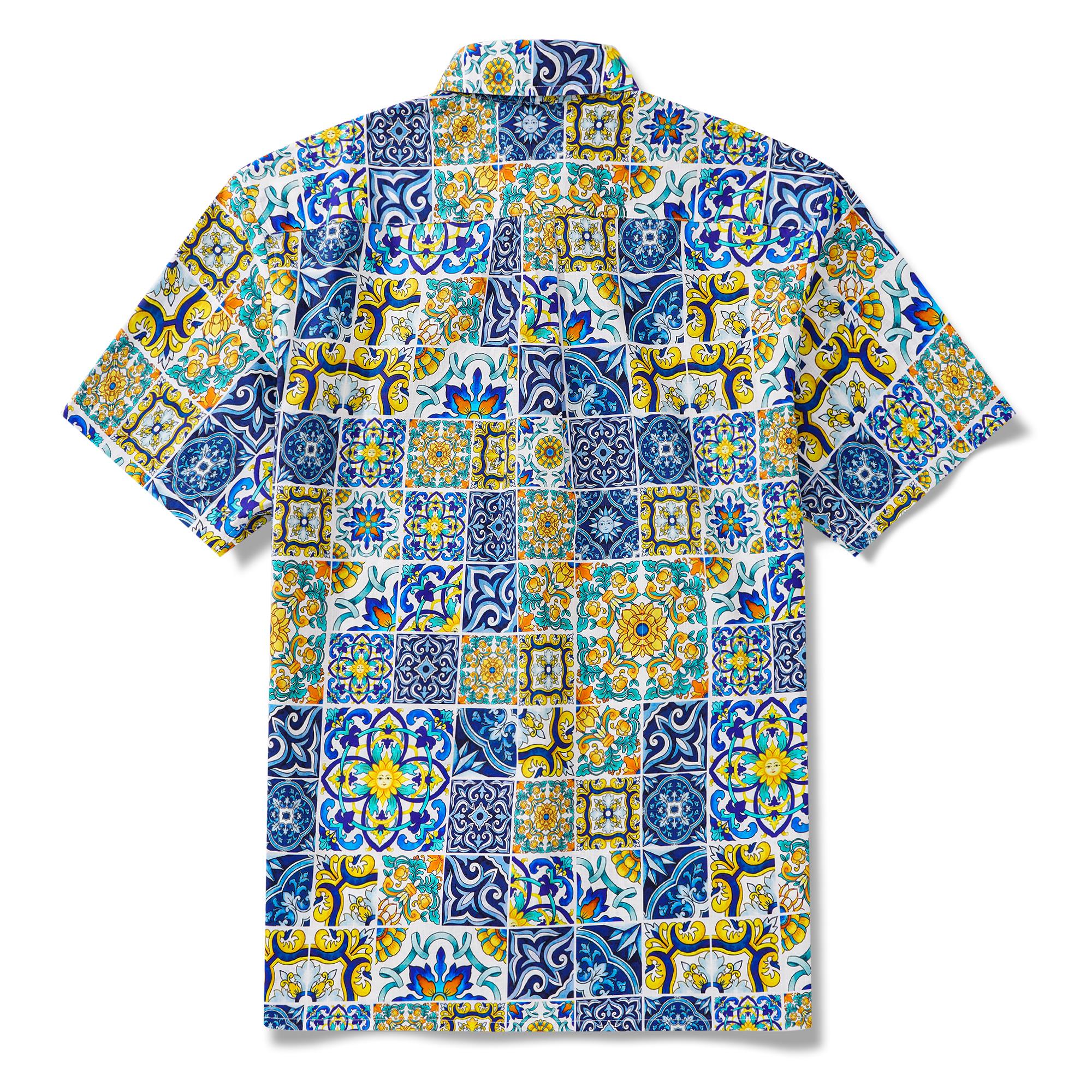 Herren-Hawaiian-Hemd Kurzärmel Button Down 100% Baumwoll weiße Aloha Sizilian Fliesen Eleganzsammlung