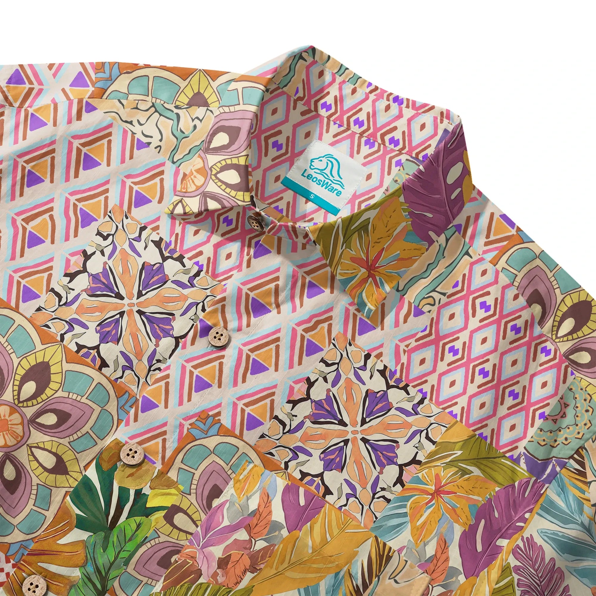 Yellow aloha shirt with geometric and floral patterns
