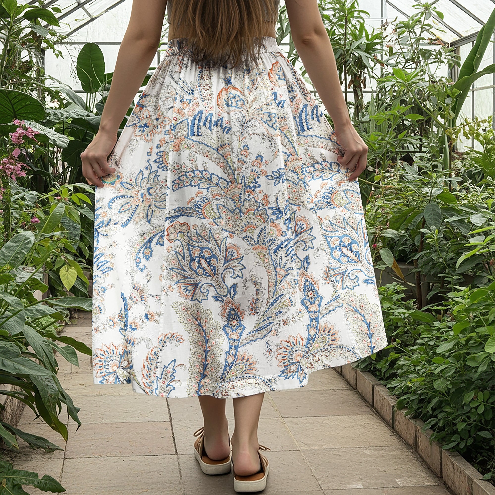 Women Casual Maxi Skirt Long Elastic Waist with Pockets 100% Cotton Blue Aloha Powder Blue Paisley Charm