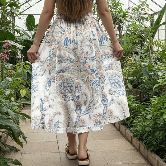 Women Casual Maxi Skirt Long Elastic Waist with Pockets 100% Cotton Blue Aloha Powder Blue Paisley Charm