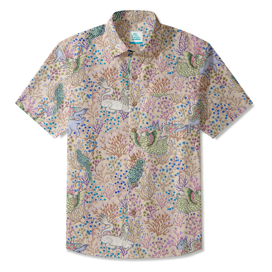 Men's Hawaiian shirt with mythical creatures and floral design