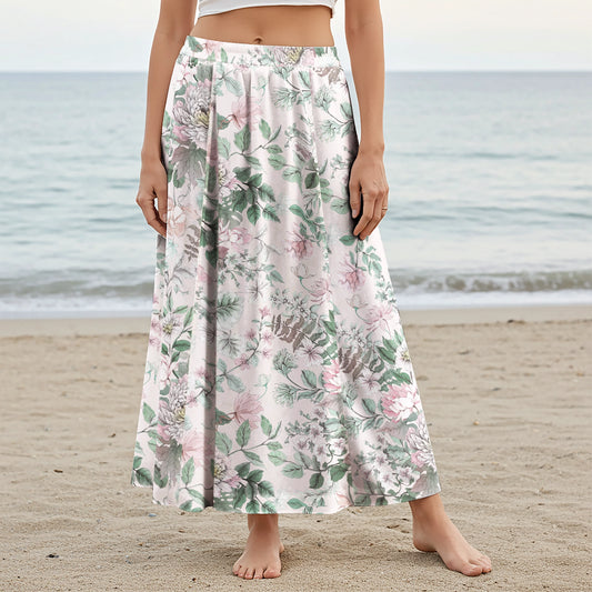 Women Casual Maxi Skirt Long Elastic Waist with Pockets 100% Cotton Green Aloha Soft Floral Elegance