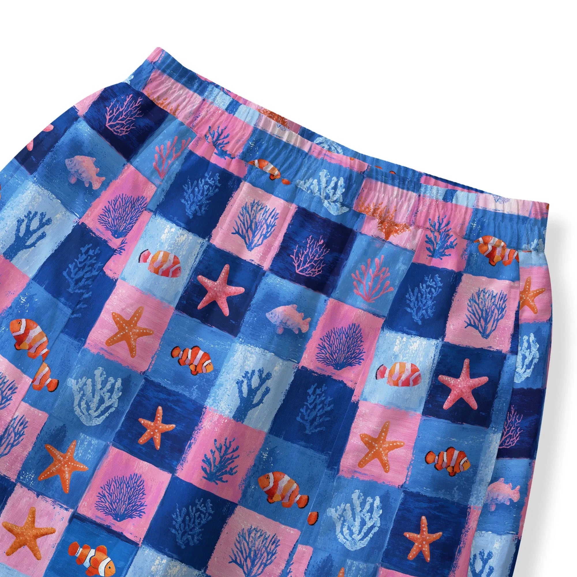 Elastic waist Blue Aloha Coral Plaid Women's Pants
