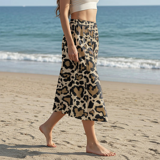 Women Casual Maxi Skirt Long Elastic Waist with Pockets 100% Cotton Black Aloha Leopard Wilderness Whisper