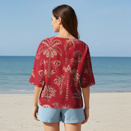 Women Casual Blouse Elbow Sleeve Round Neck Button-Back 95% Lyocell, 5% Linen Red Aloha Retro Tropical Sparkle
