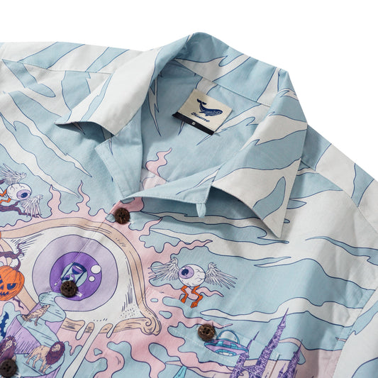 Men's Hawaiian Shirt Short Sleeve Camp Collar 100% Cotton White Aloha Midnight Halloween/Dante's Halloween