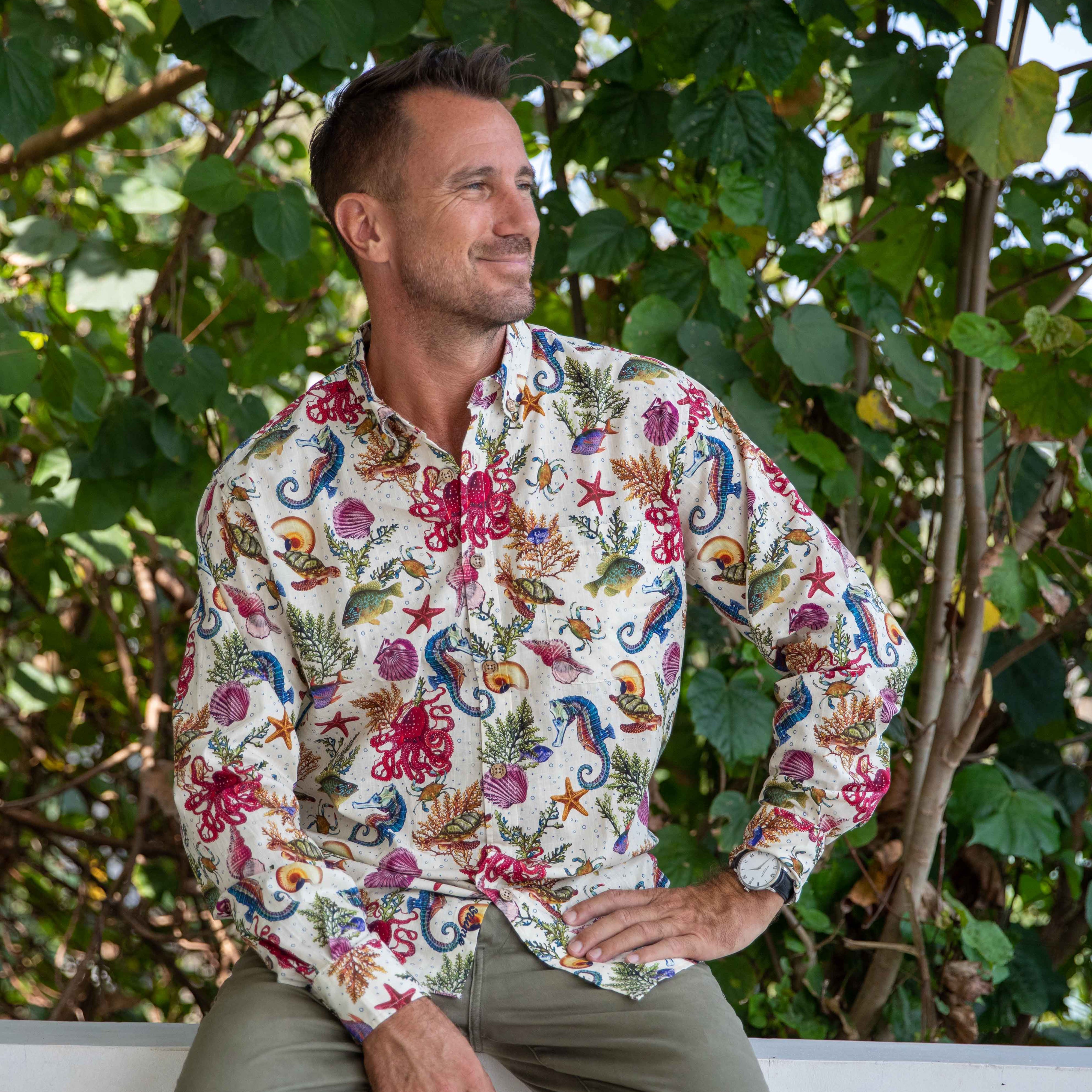 Men's Hawaiian Shirt Marine Life Seahorse Octopus Print Cotton Button-down Long Sleeve Aloha Shirt