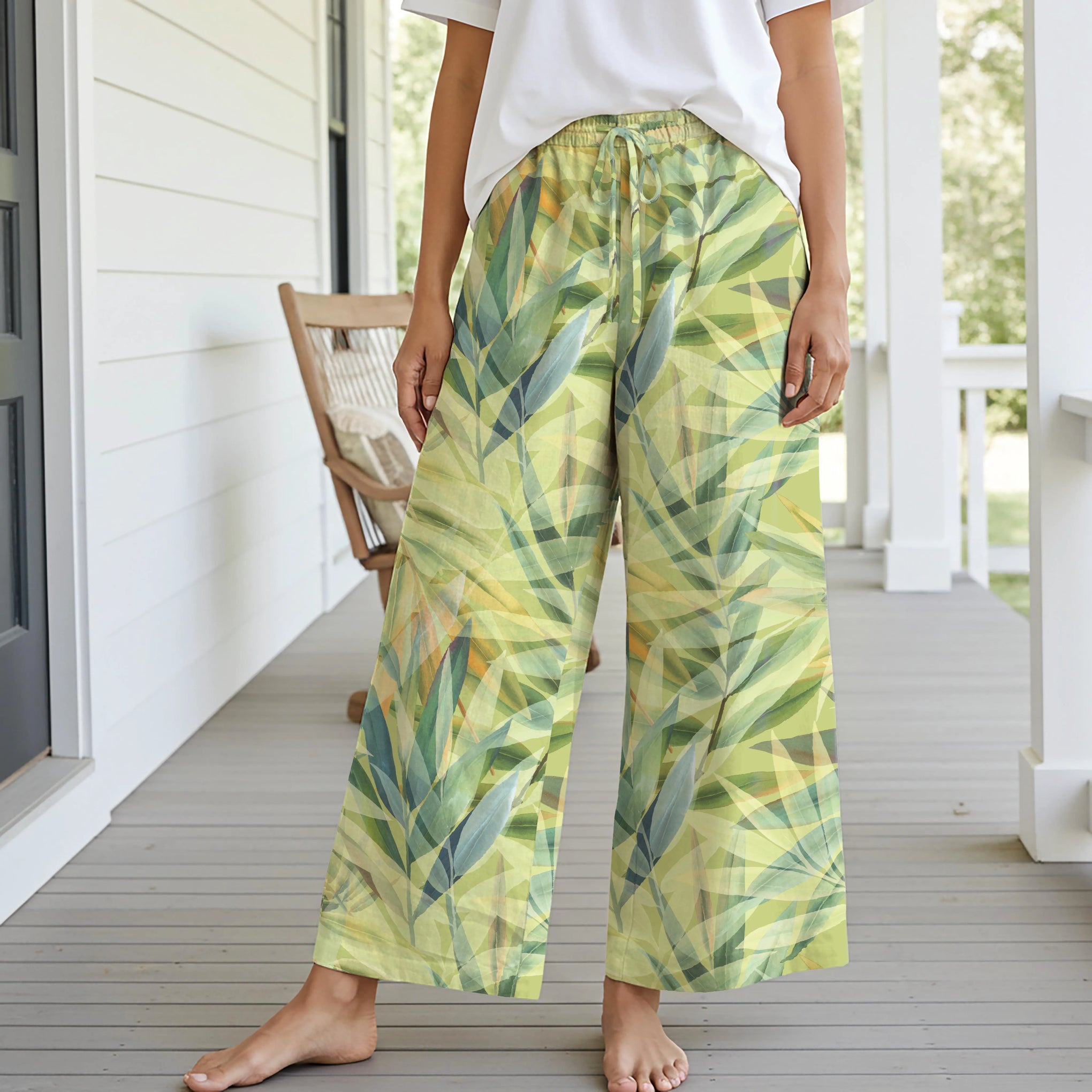 Women Casual Pants Lounge Elastic Waist Drawstring with Pockets 93% Lyocell, 7% Linen Green Aloha Enchanted Leaves