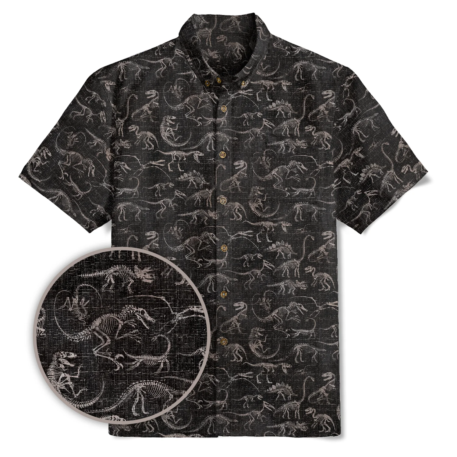 Men's Hawaiian Shirt Short Sleeve Button-down 100% Cotton Black Aloha Dinosaur Fossil Imprint