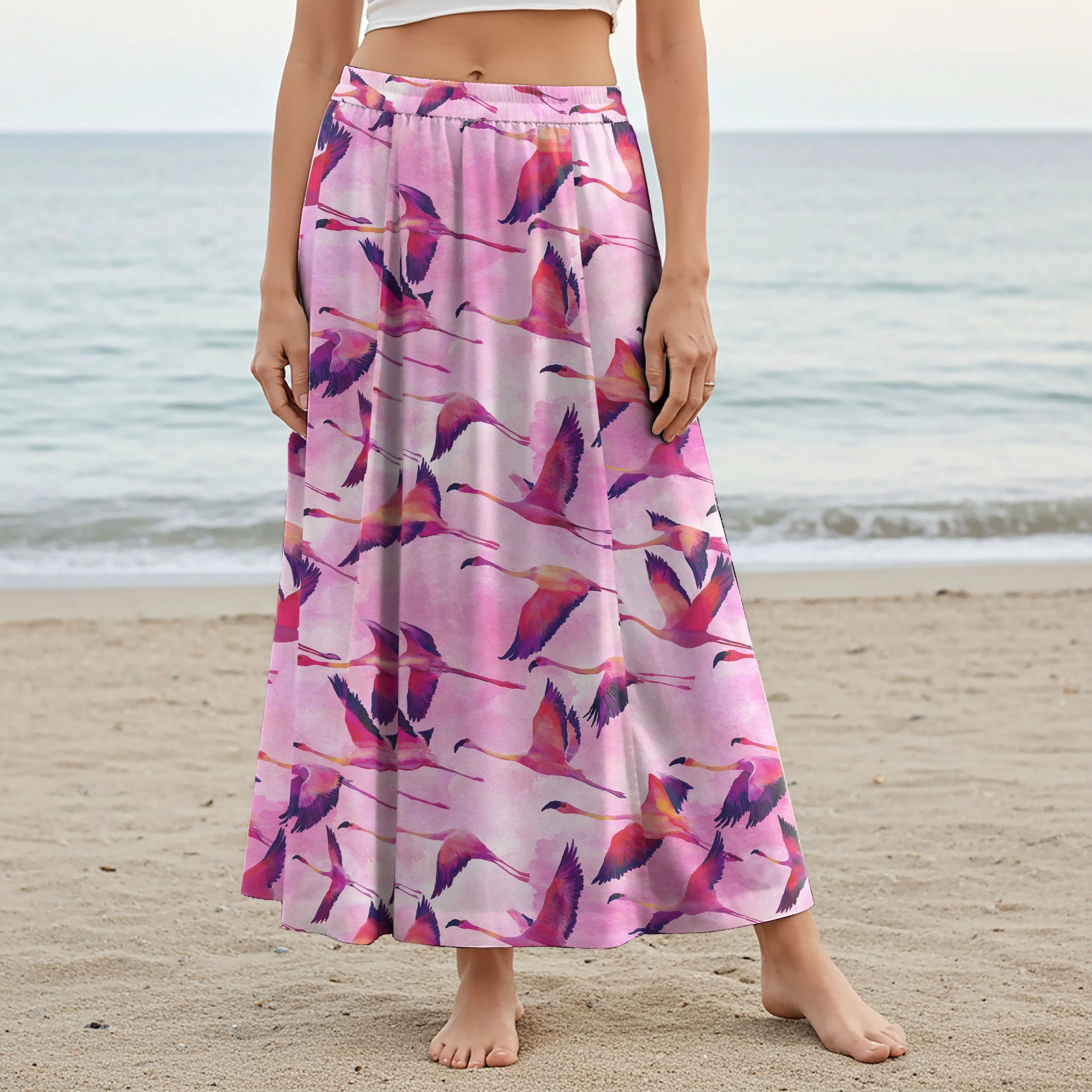 Women Casual Maxi Skirt Long Elastic Waist with Pockets 100% Cotton Aloha Flamingo Migration Symphony In The Clouds