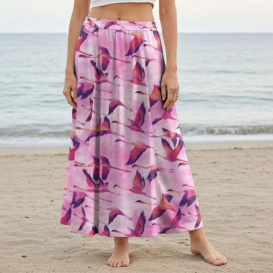 Women Casual Maxi Skirt Long Elastic Waist with Pockets 100% Cotton Aloha Flamingo Migration Symphony In The Clouds