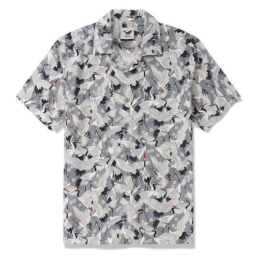 Herren-Hawaii-Hemd Langarm-Button-Down 100% Seidengrau Aloha Das Fest der Kraniche