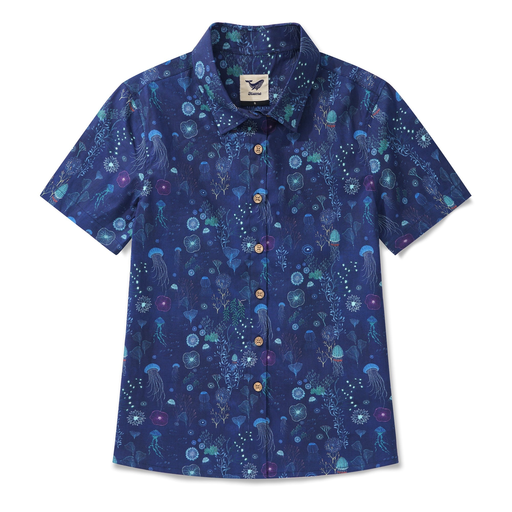 Women's Hawaiian Shirt Short Sleeve Button-up 100% Cotton Blue Aloha Save the Ocean By Catharina Edlund