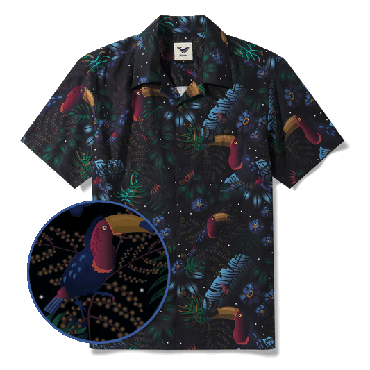 Men's black Hawaiian shirt with toucans and foliage