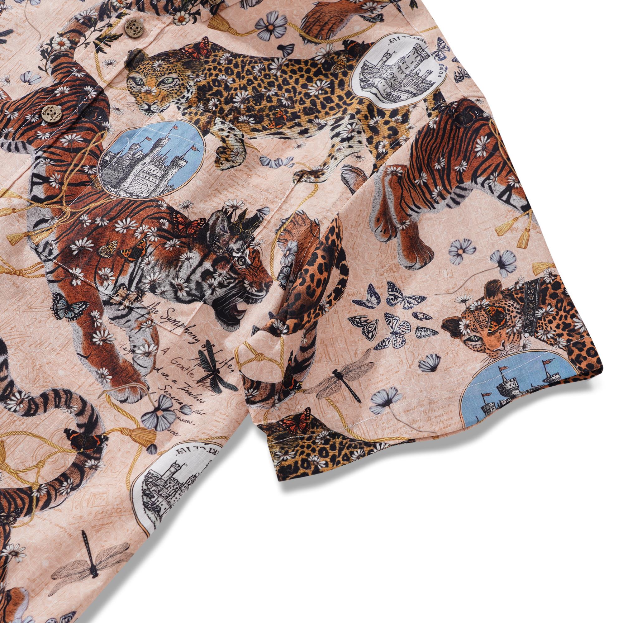 Men's Hawaiian Shirt Short Sleeve Button-down 100% Cotton Beige Aloha Wild Romance