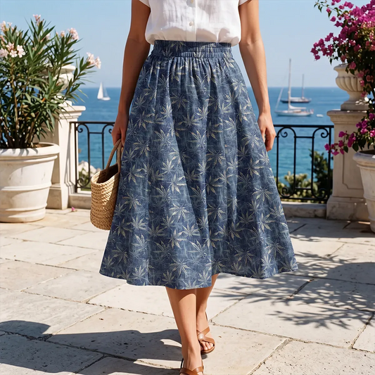 Women's leaf pattern skirt, indigo blue, elastic waist, pockets