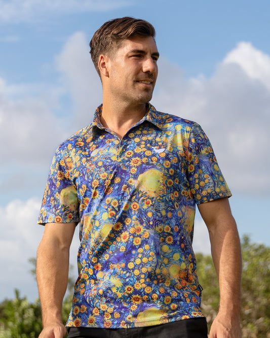 Men's Hawaiian Polo Shirt Van Gogh Sunflower Print Short Sleeve Polo Shirt Van Gogh Sunflower Polo