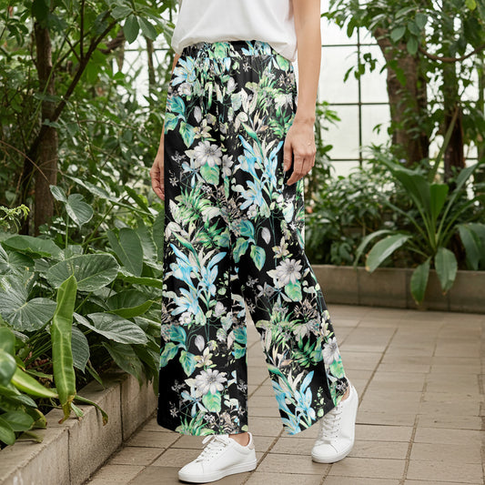 Women Casual Pants Lounge Elastic Waist Drawstring with Pockets 93% Lyocell, 7% Linen Green Aloha Night Garden