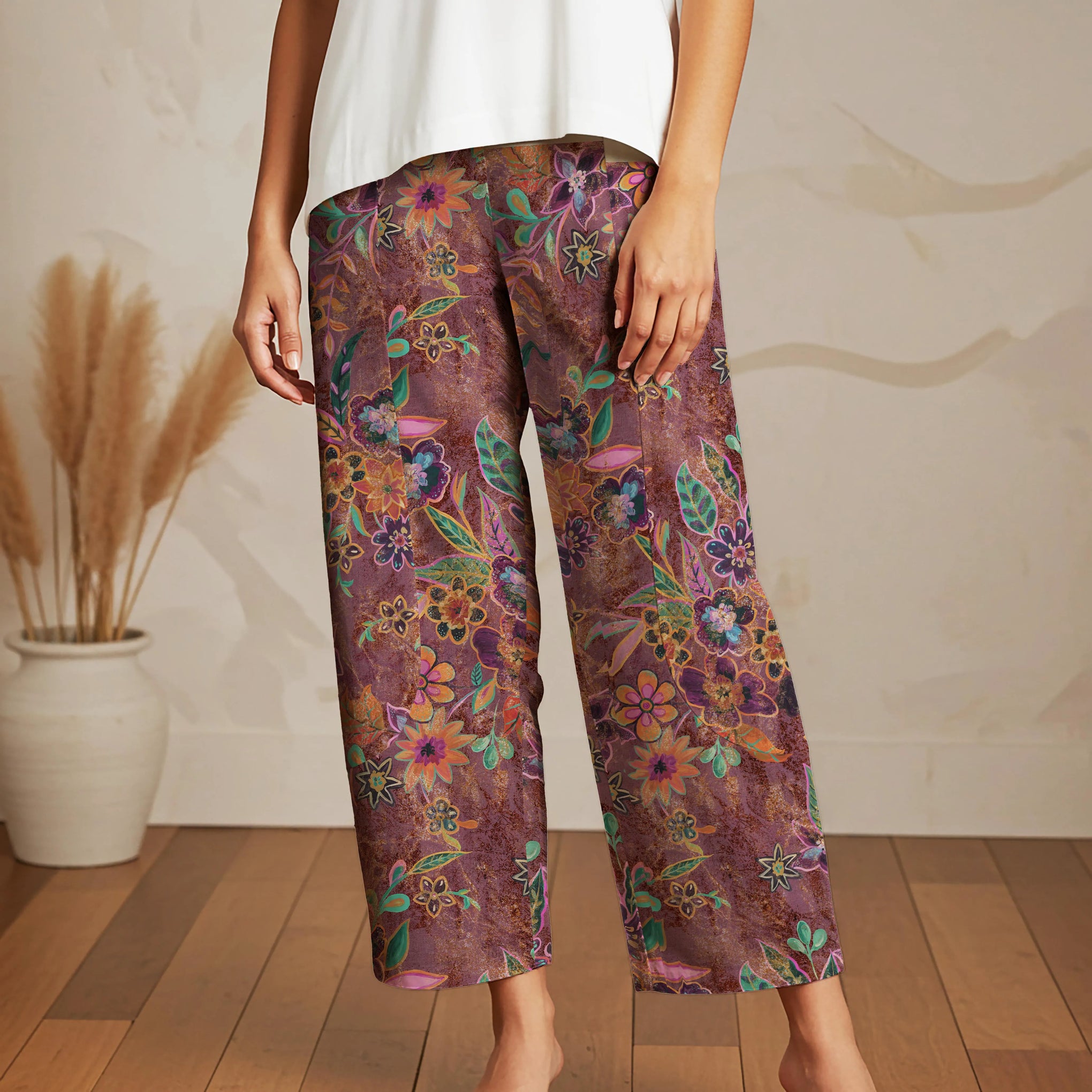 Women Casual Ankle Pants Lounge Elastic Waist with Pockets 93% Lyocell, 7% Linen Purple Aloha Artistic Floral Transformations