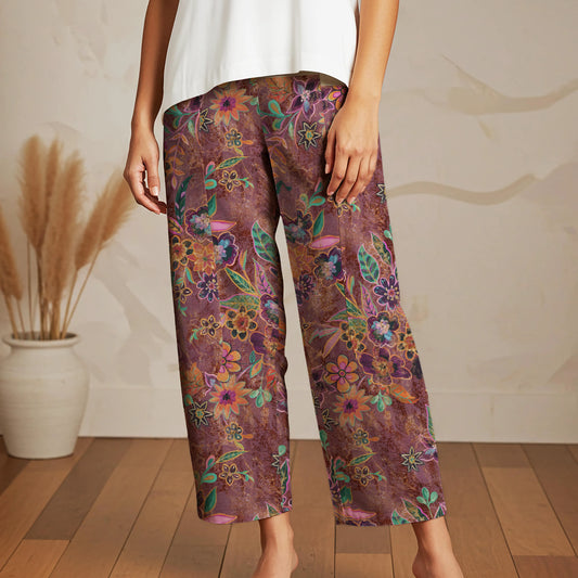 Women Casual Ankle Pants Lounge Elastic Waist with Pockets 93% Lyocell, 7% Linen Purple Aloha Artistic Floral Transformations
