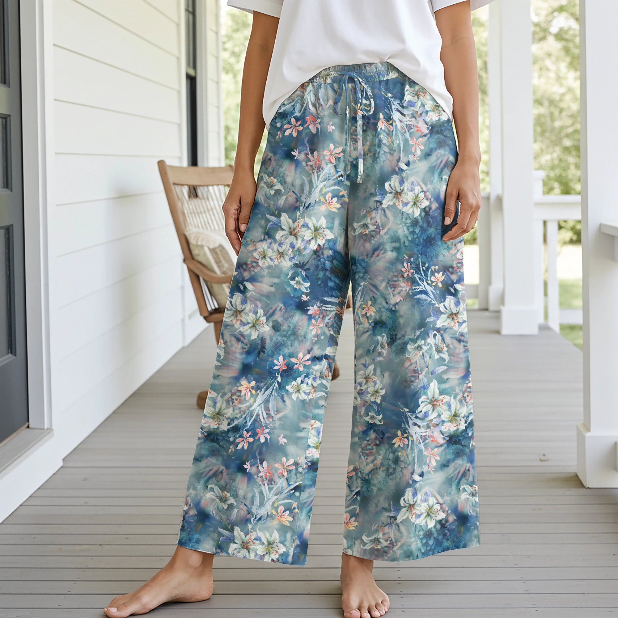 Women Casual Ankle Pants Lounge Elastic Waist with Pockets 93% Lyocell, 7% Linen Blue Aloha Floral Whispers In The Mist