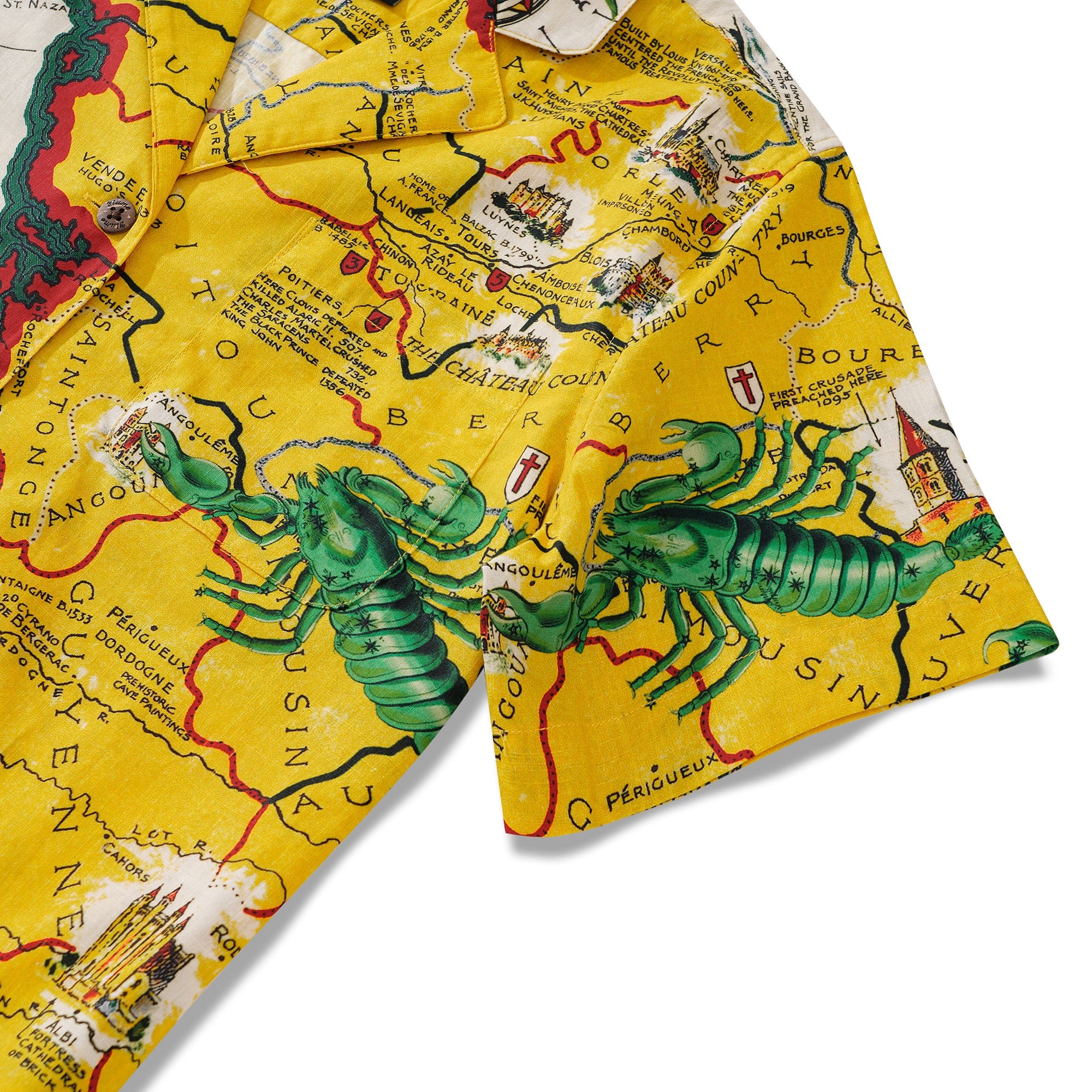 Women's Hawaiian Shirt Short Sleeve Camp Collar 100% Cotton Yellow Aloha Vintage French Map