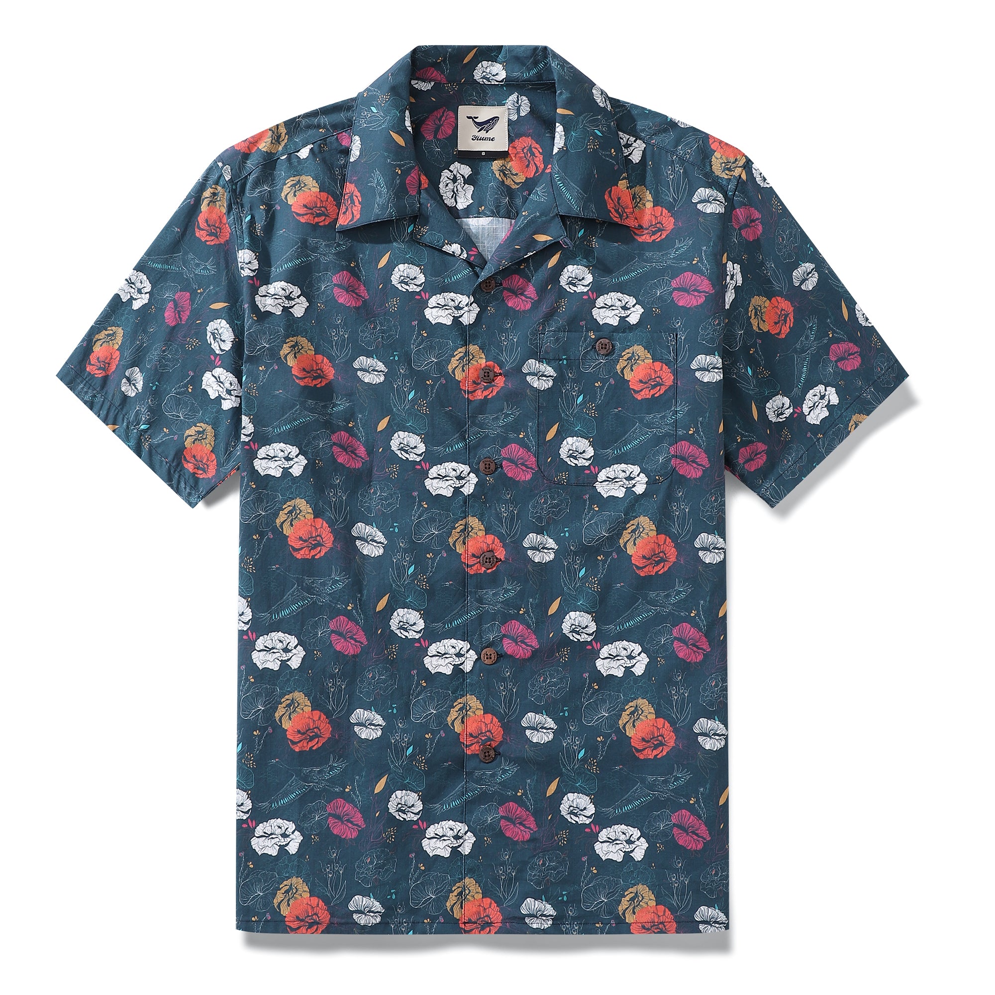 Hawaiian Shirt For Men Cranes Over Flowers By Véronique Shirt Camp Collar 100% Cotton