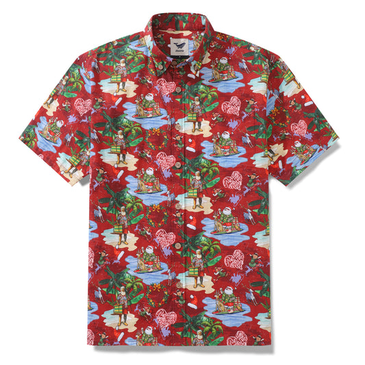 Chemise hawaïenne pour hommes, chemise Aloha en coton boutonnée à manches courtes, imprimé arrêt de bord de mer du père noël