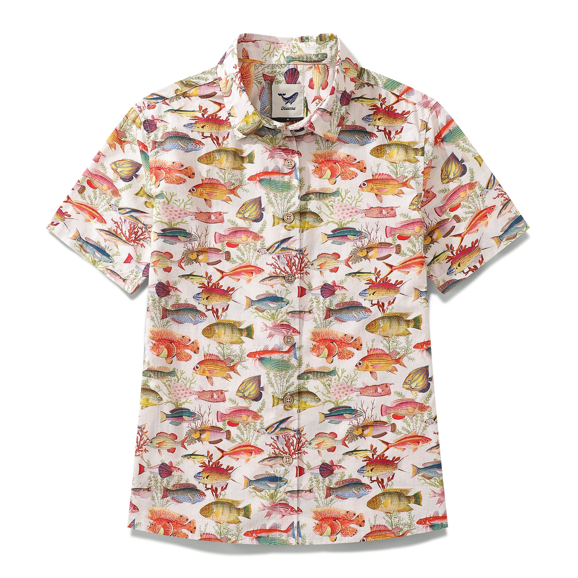 Camicia hawaiana da donna in cotone con stampa pesci di mare e oceano, manica corta