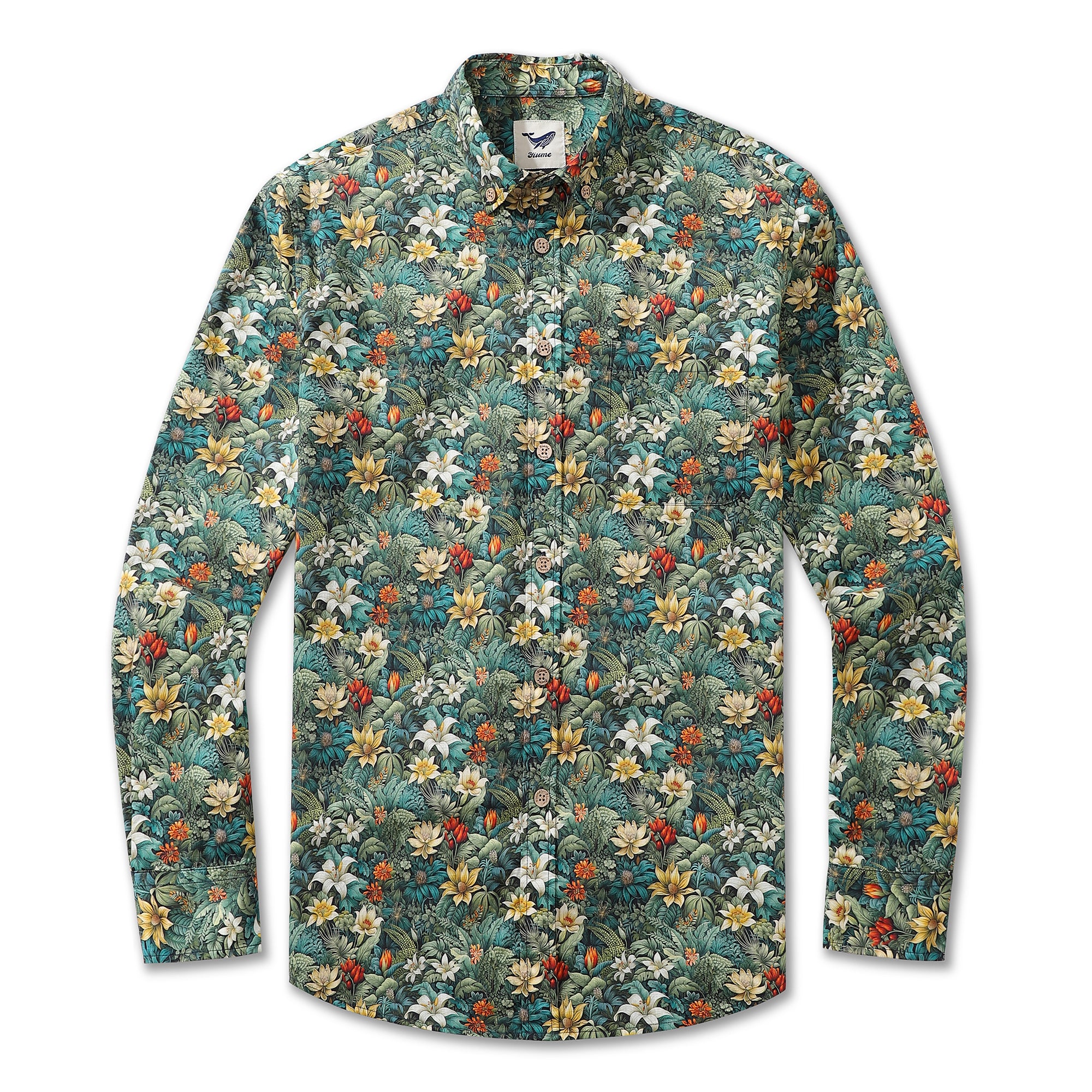 Men's Hawaiian Shirt Jungle Adventure Print Cotton Button-down Long Sleeve Aloha Shirt