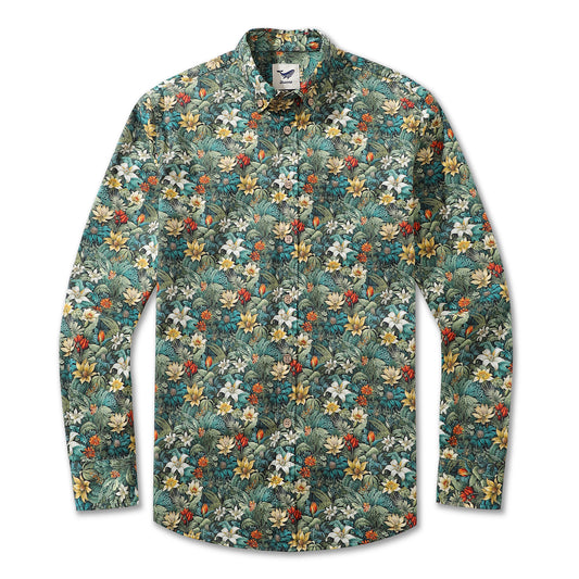 Herren Hawaii-Hemd Dschungel-Abenteuer-Druck Baumwolle Knopfverschluss Langarm Aloha-Hemd