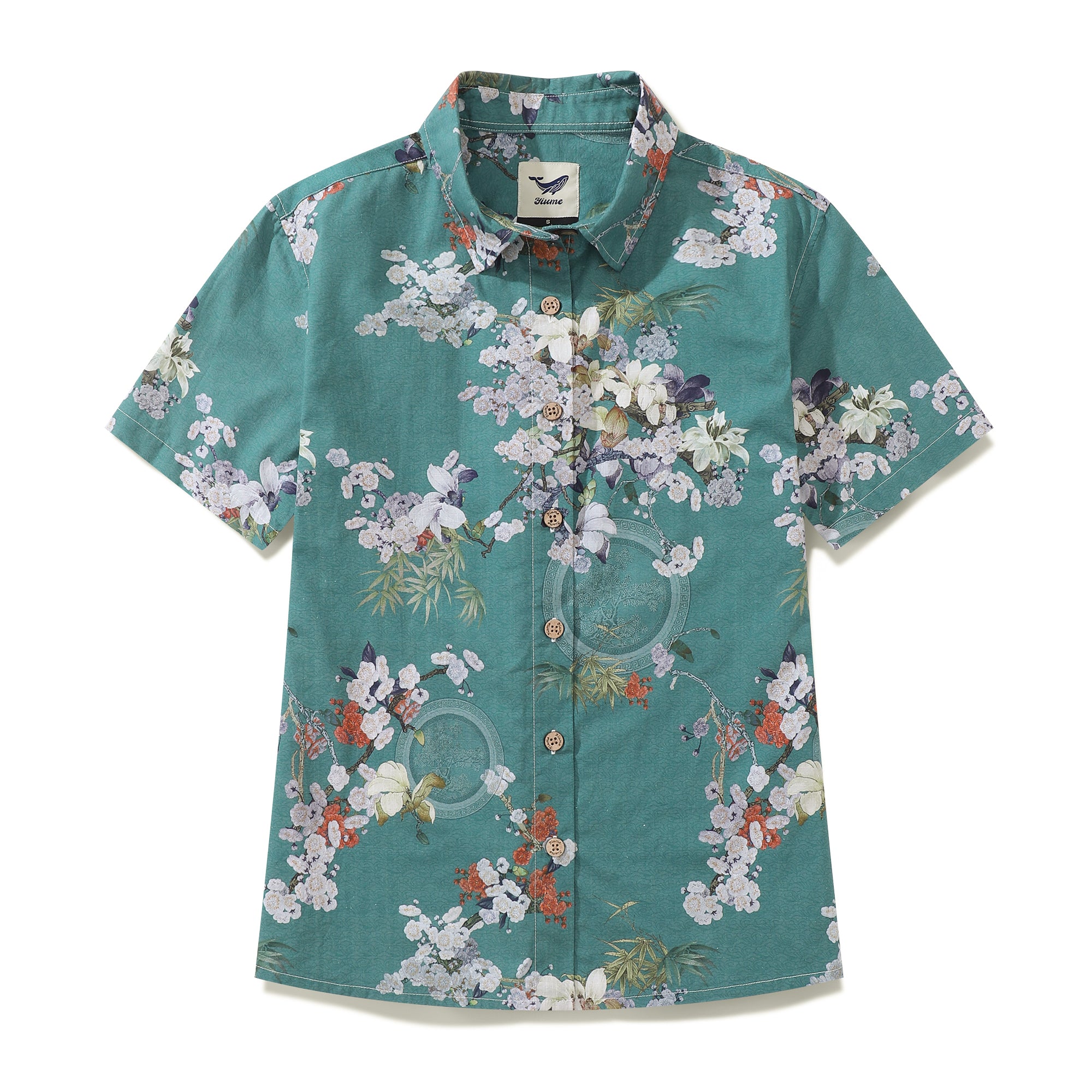 レディース アロハシャツ 上品な梅の香りプリント コットン ボタンダウン 半袖
