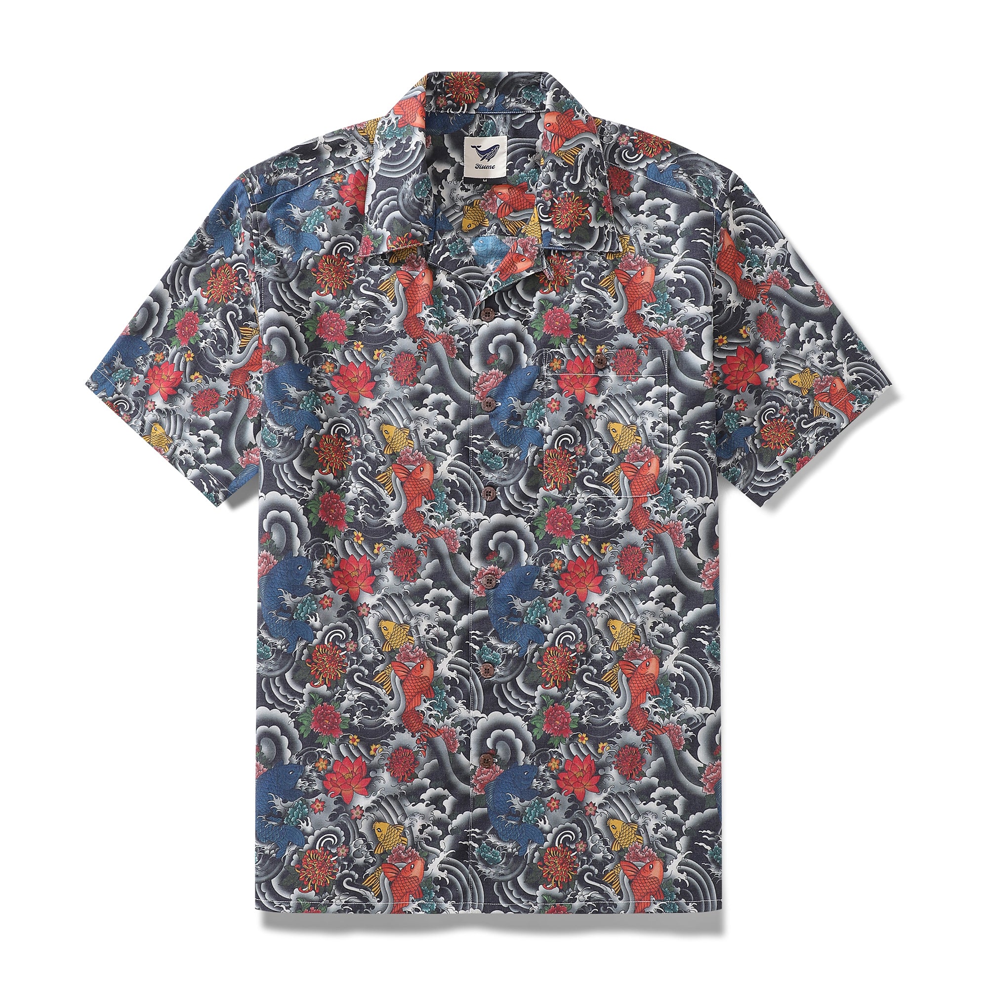 Wrinkle-Free Men's Hawaiian Shirt Japanese Koi Fish Print By Gee Button-down Short Sleeve Aloha Shirt