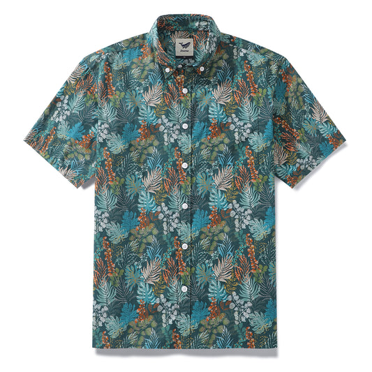 Men's Green Hawaiian Shirt Emerald Leaves Button Down Short Sleeve Tropical Aloha Shirt