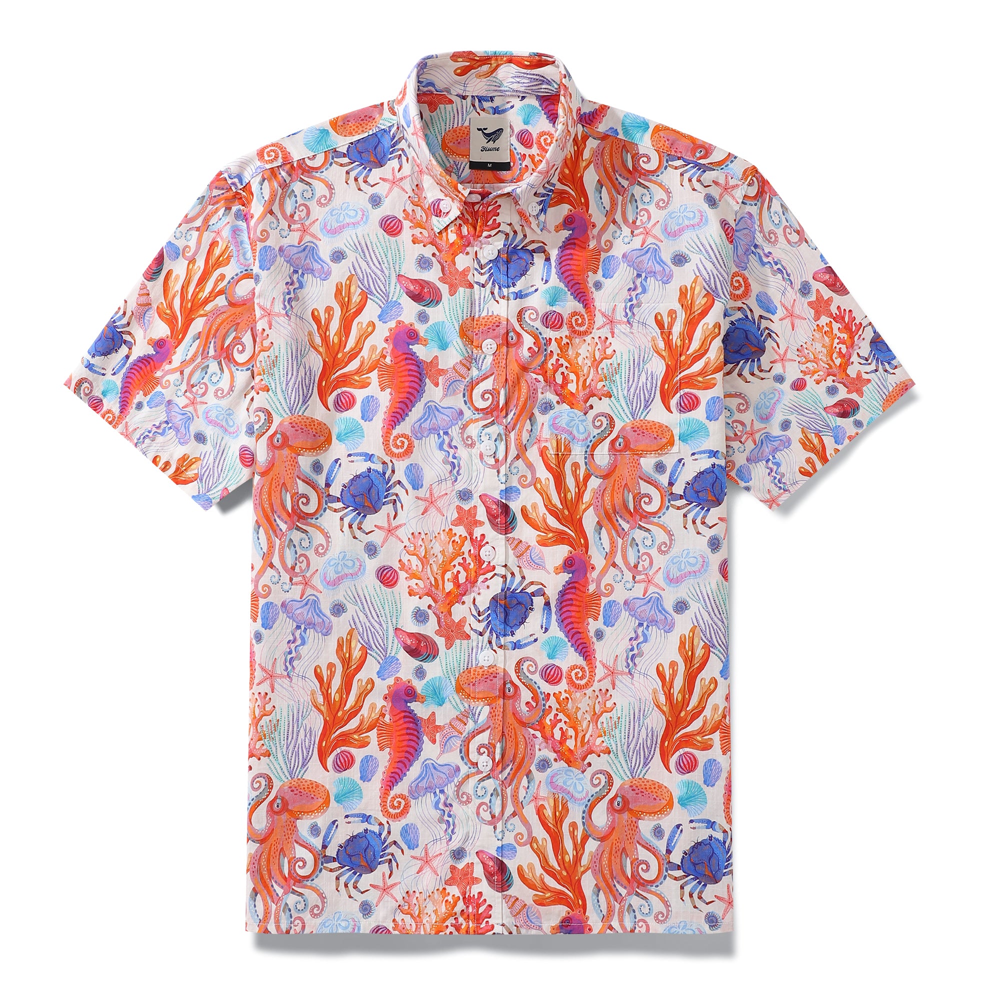 Men's Hawaiian Shirt Ocean Life Print By Rebecca Elfast Cotton Button-down Short Sleeve Aloha Shirt