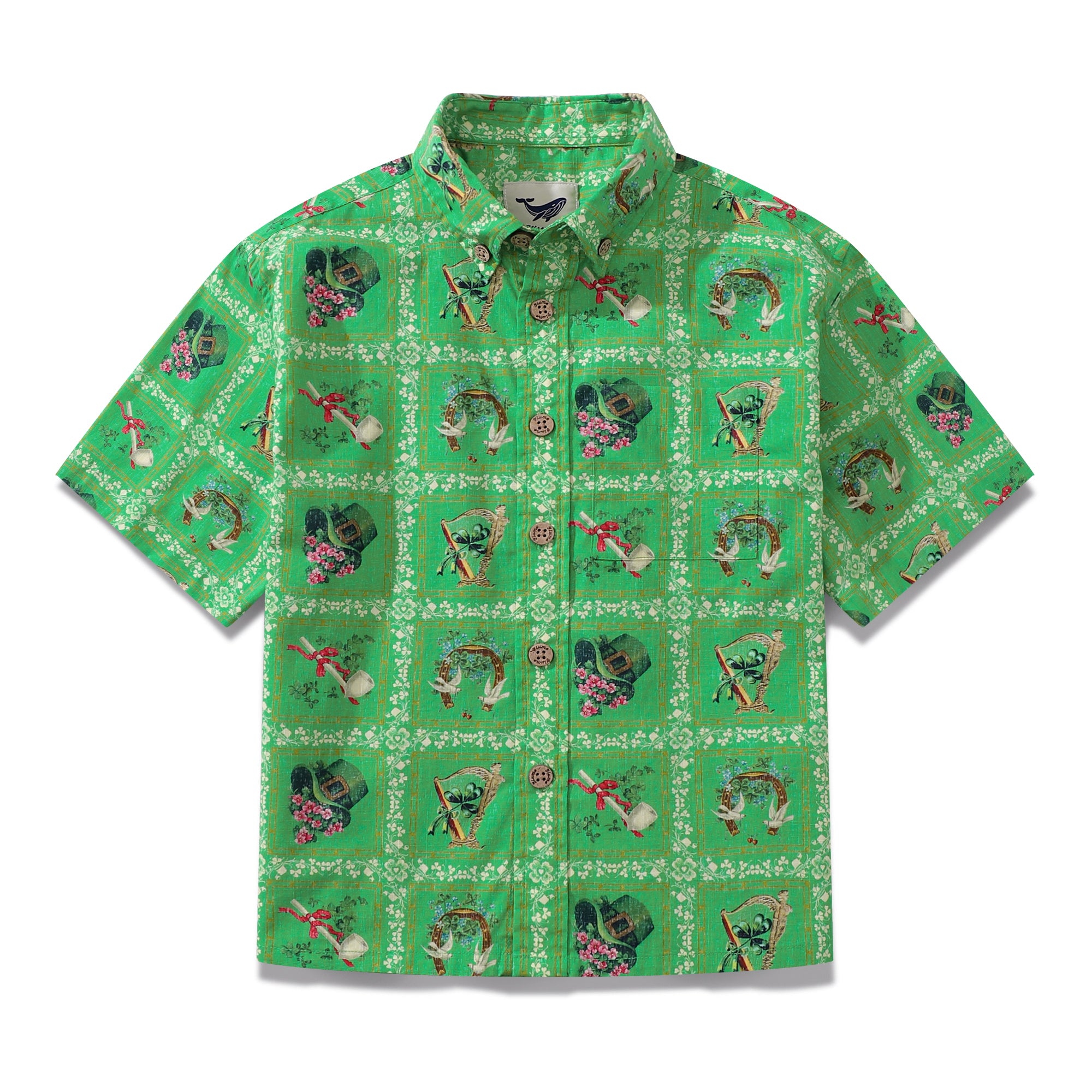 St. Patrick's Day Children's Hawaiian Shirt Green St. Patrick's Day Print Cotton Button-down Short Sleeve