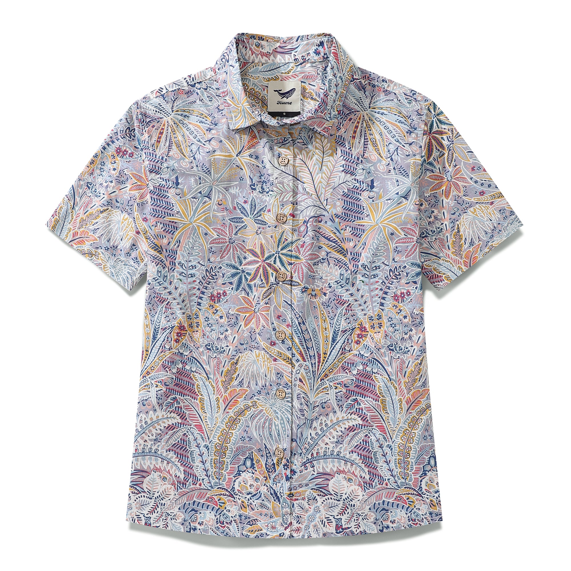 Camisa hawaiana de algodón con estampado de palmeras tropicales y manga corta con botones para mujer