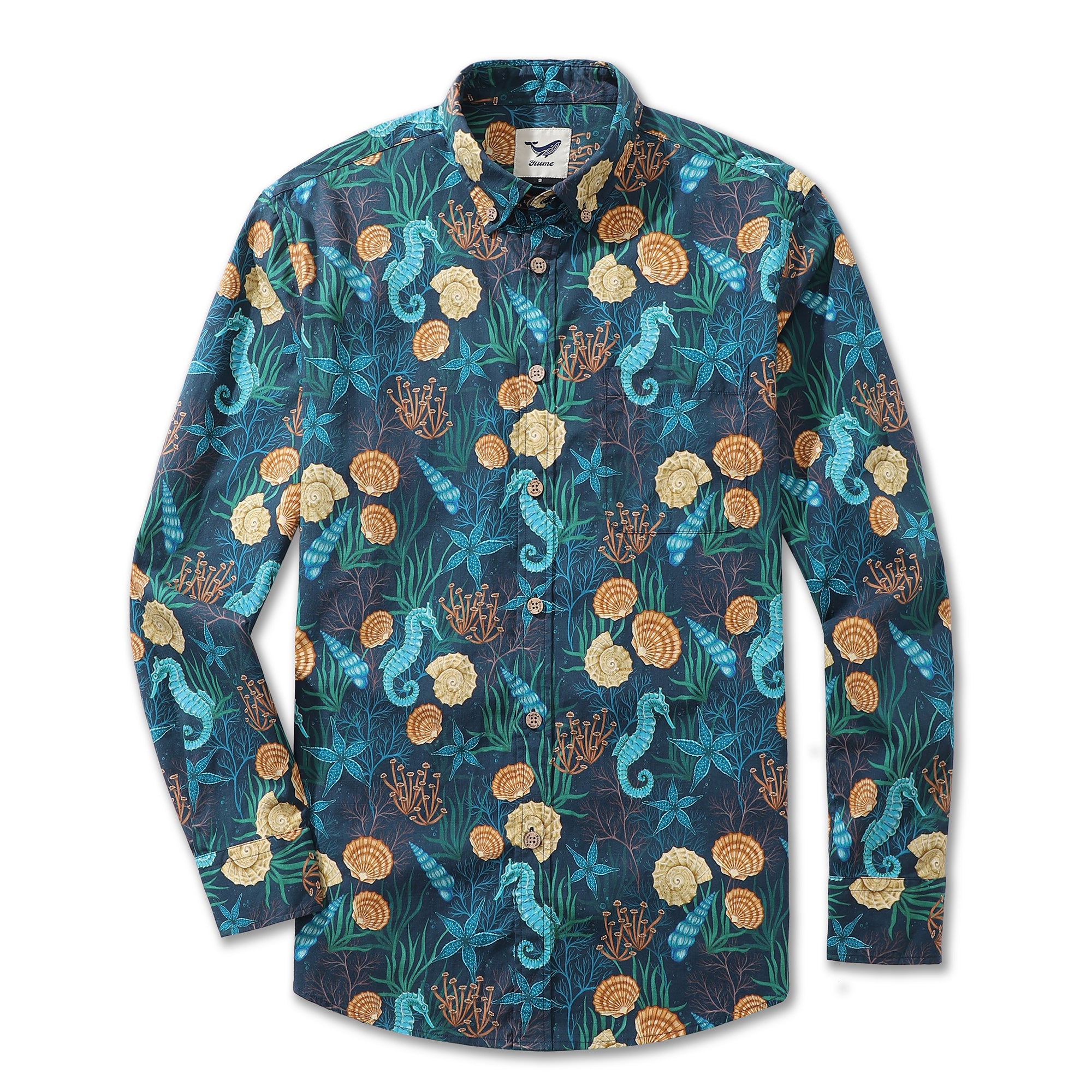 Men's Hawaiian Shirt Wonders of the Sea Print By Luova Flow Cotton Button-down Long Sleeve Aloha Shirt