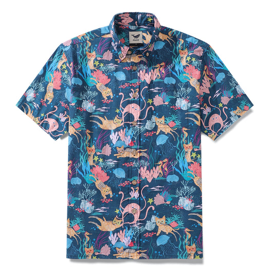 Men's Hawaiian shirt with dive print, cotton, short sleeve