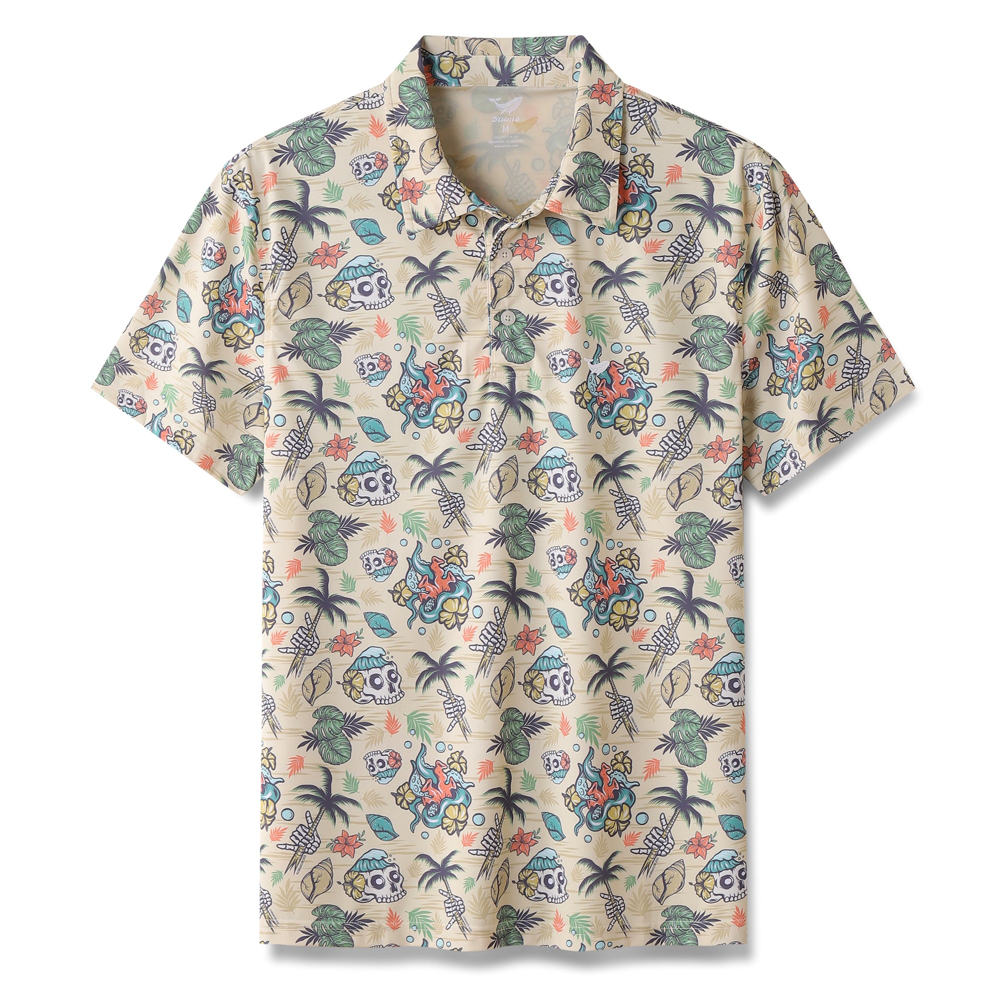 Men's Hawaiian Polo Shirt Tropical Wilderness Skull 1990s Vintage Short Sleeve Polo Shirt