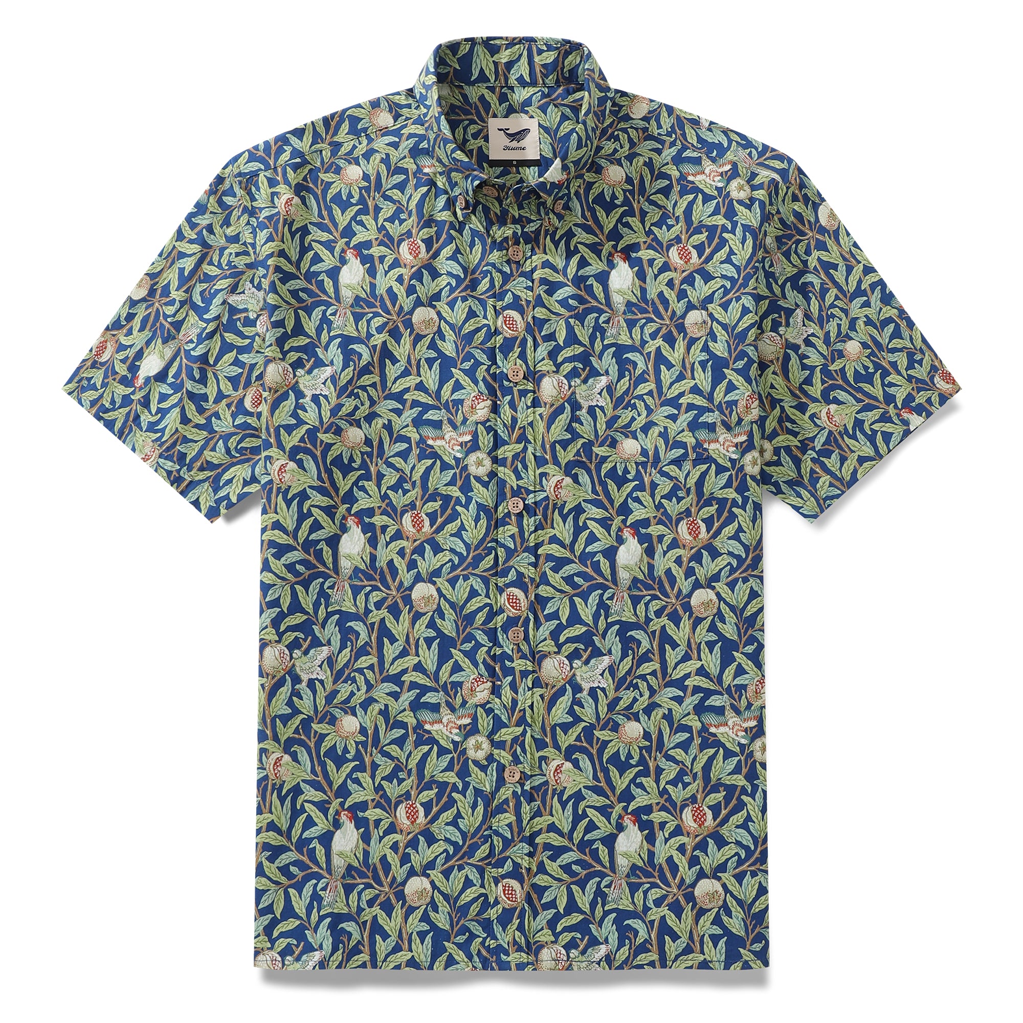 Men's Hawaiian Shirt Birds and Pomegranates Print Cotton Button-down Short Sleeve Aloha Shirt