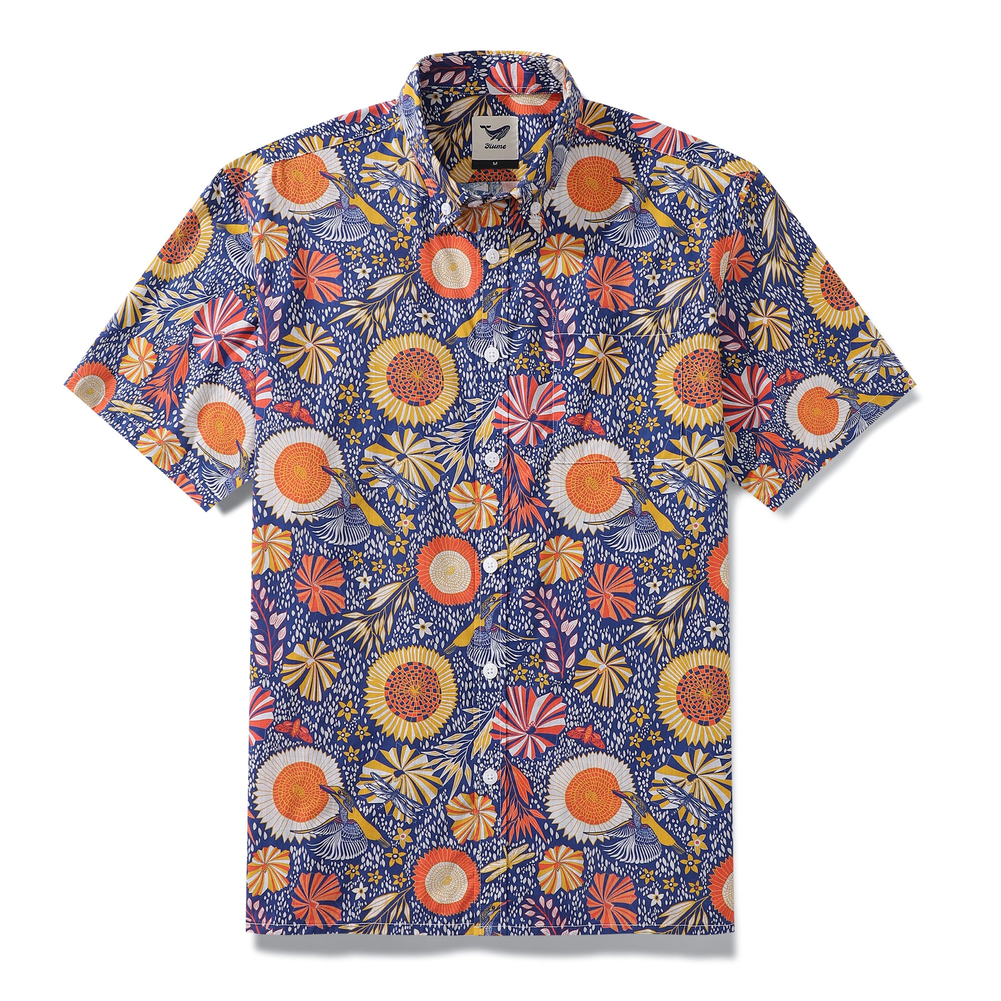 Men's Hawaiian Shirt 1960s Vintage Kingfisher and Flowers Print Cotton Button-down Short Sleeve Aloha Shirt